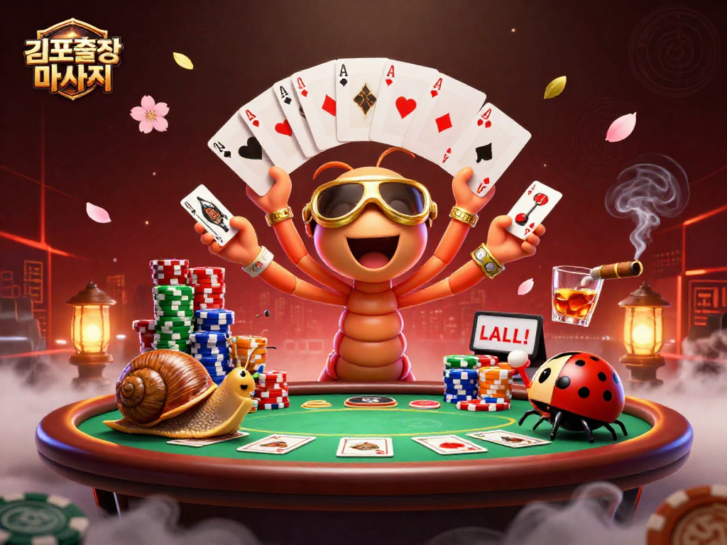 Playing cards in a vibrant scene depicting 김포출장마사지 action, showcasing a millipede dealer and high-roller excitement.