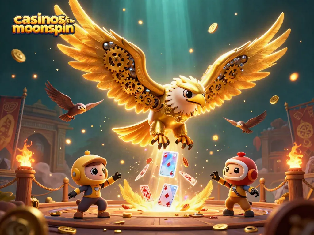 Experience thrilling gameplay at casinos like moonspin with vibrant 3D imagery of golden eagle and holographic cards.