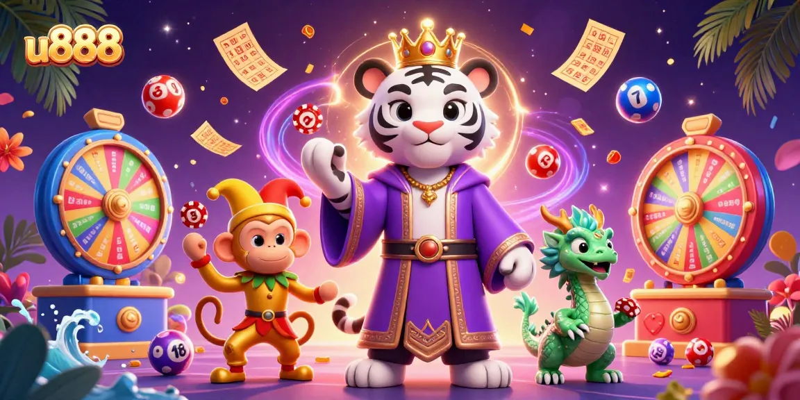 Win big with u888 in this vibrant illustration of a white tiger, monkey, and dragon among rich casino elements.