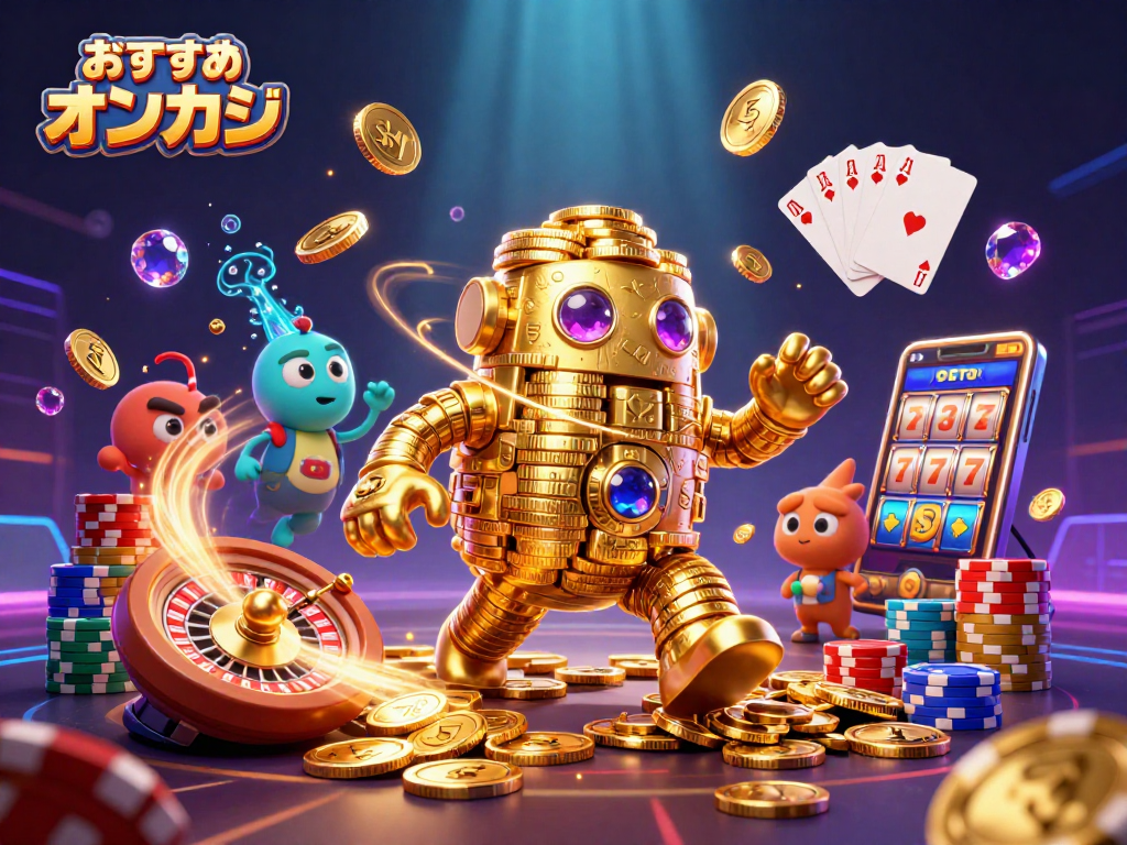 おすすめ オンカジのシーンで金のゴーレムがカジノゲームを楽しむイラスト。